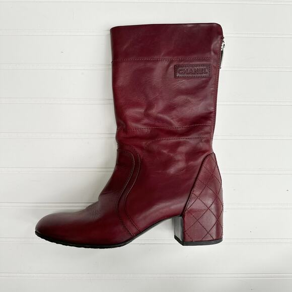 Chanel CC Burgundy Leather CC Quilted Diamond Stitched Block Heel Boots Calf 38 - Picture 5 of 13